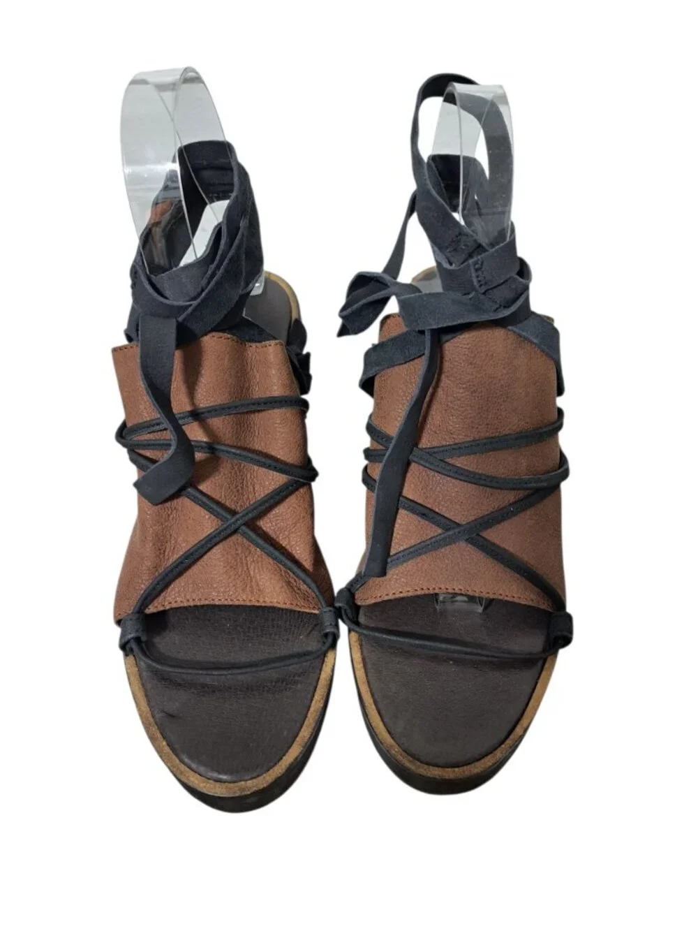Free People Bowery Leather Lace-up Wedge Boho Sandals Black Brown Sz 39